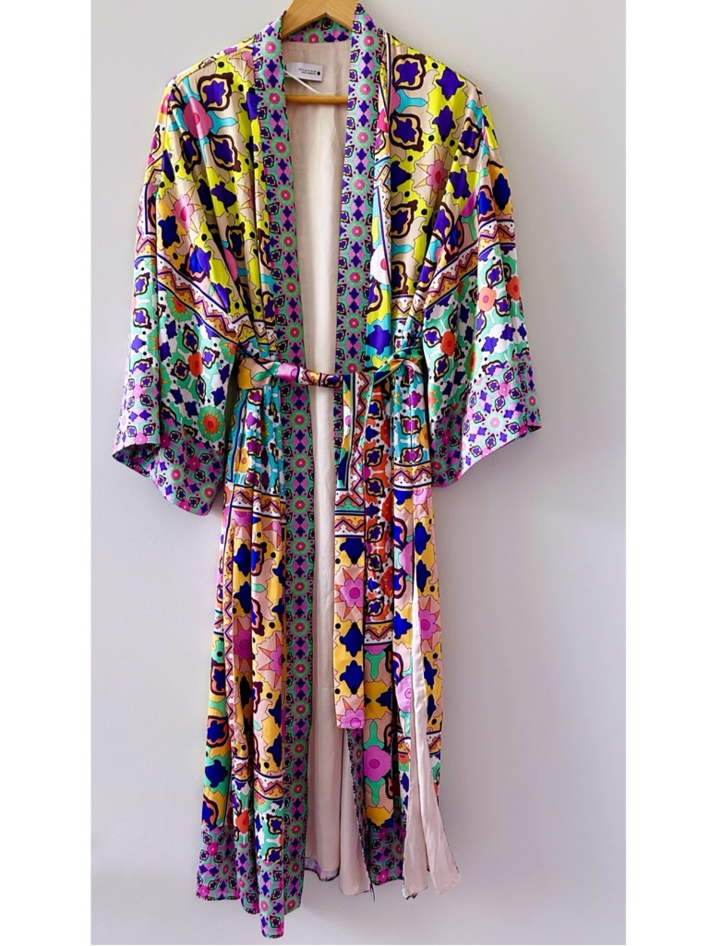 Zara Satin Kimono Wrap Robe Vibrant Print Medium Belted